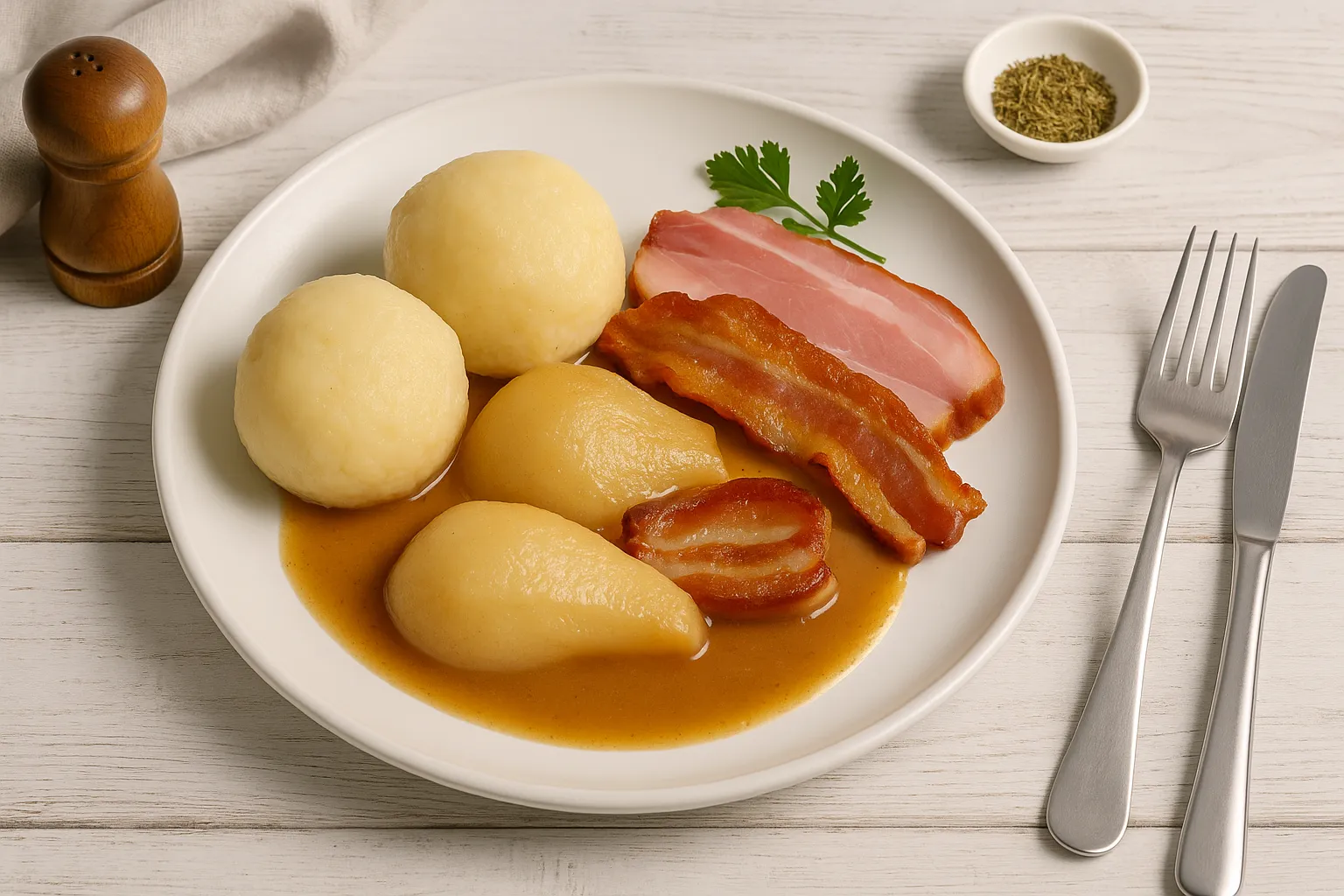 Beern un Klümp auf weißem Teller, serviert mit Klößen, Birnenhälften in Soße, Speck und Schinken, auf hellem Holztisch