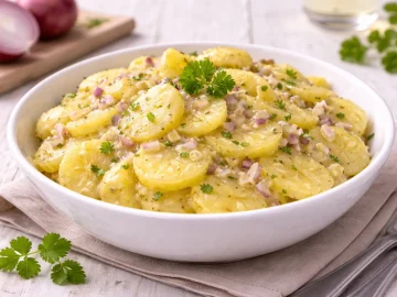 Weiße Schale mit Koller Tüfftensalat aus Kartoffelscheiben und Zwiebel auf weißem Holzhintergrund mit sichtbarer Maserung