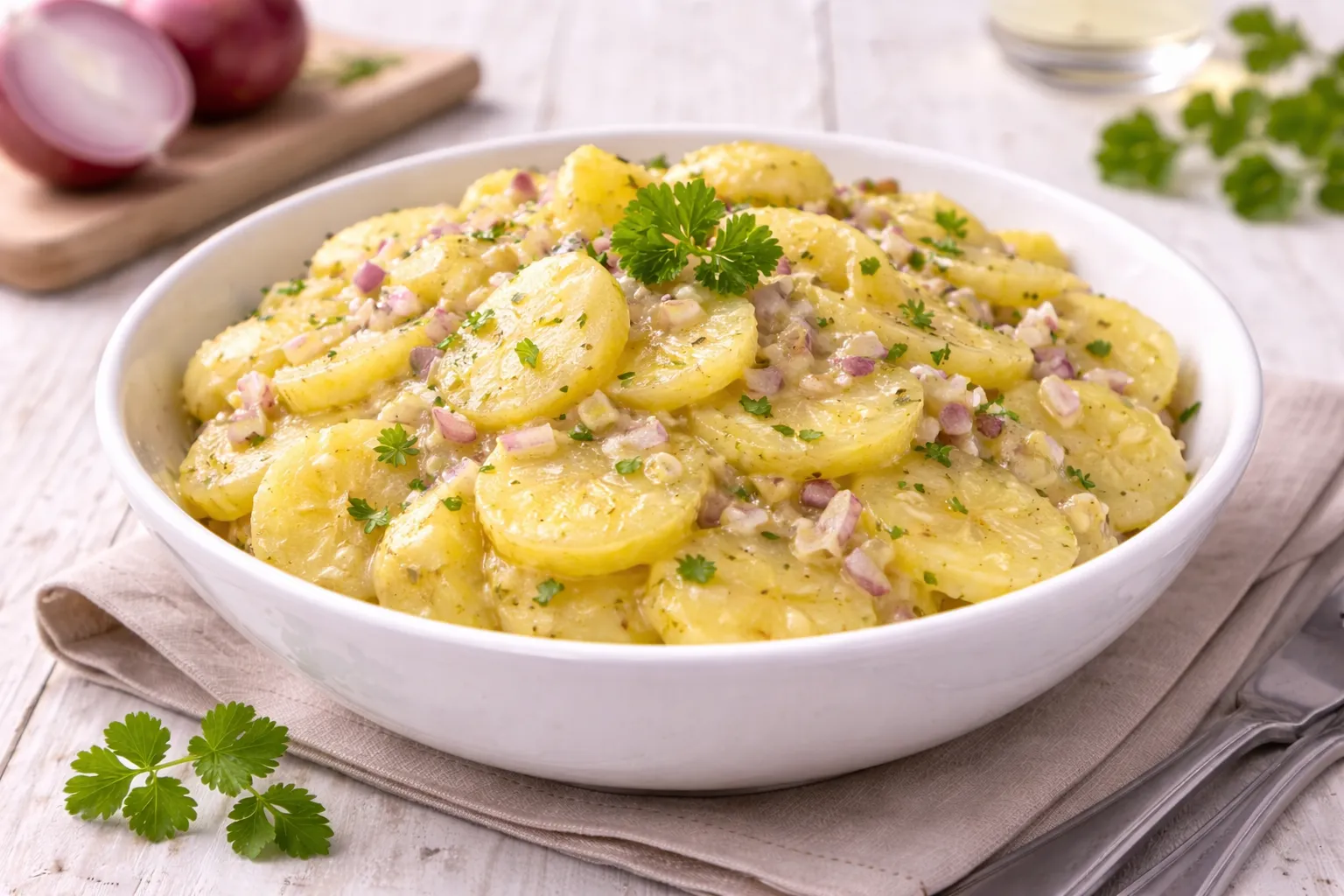Weiße Schale mit Koller Tüfftensalat aus Kartoffelscheiben und Zwiebel auf weißem Holzhintergrund mit sichtbarer Maserung