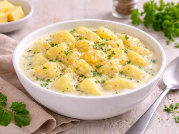 Milchkartoffeln in cremiger Milchsoße in einer weißen Schüssel auf hellem Holzhintergrund