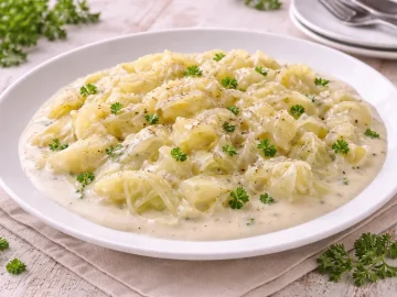 Weißkohl in cremiger Milchsoße mit Kräutern auf weißem Teller serviert