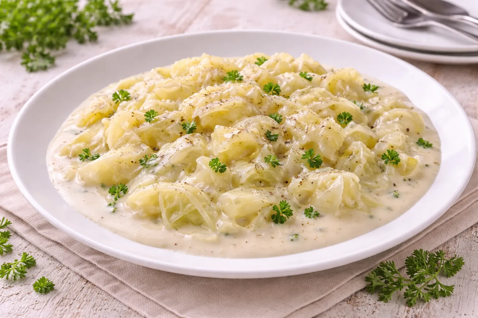 Weißkohl in cremiger Milchsoße mit Kräutern auf weißem Teller serviert