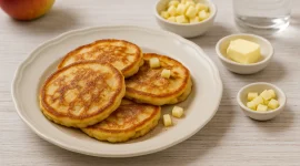 Goldgelb gebackene Plinsen auf weißem Teller, bestreut mit Zimtzucker und Apfelstückchen