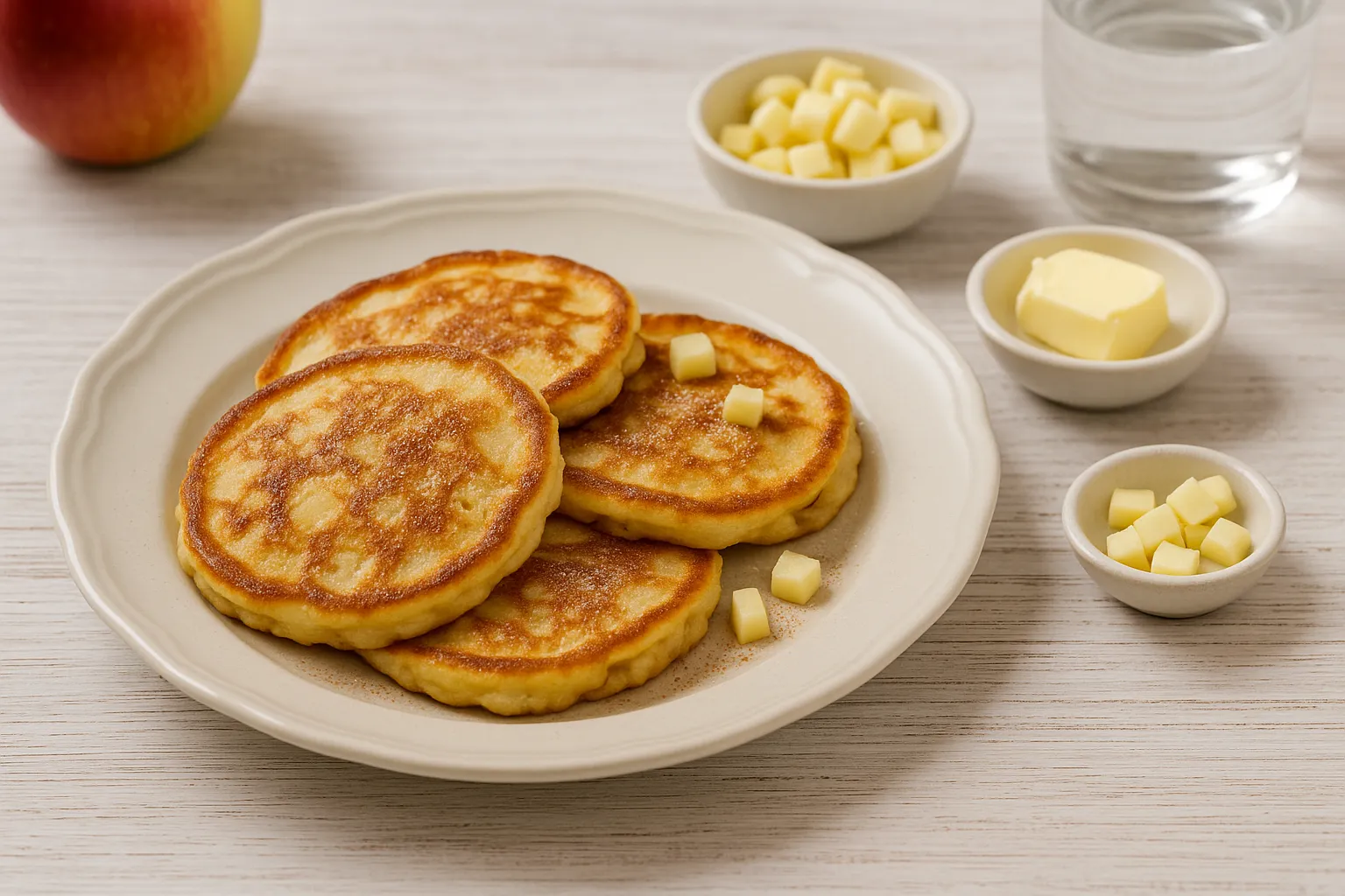 Goldgelb gebackene Plinsen auf weißem Teller, bestreut mit Zimtzucker und Apfelstückchen