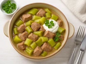 Porree mit Schweinefleisch in cremiger Soße, serviert in einer Kasserolle auf weißem Holztisch