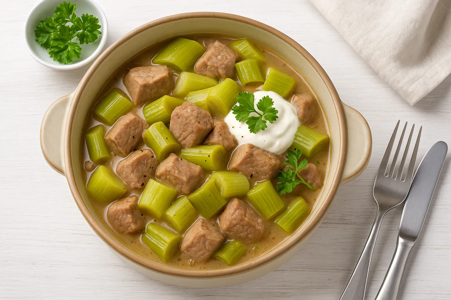 Porree mit Schweinefleisch in cremiger Soße, serviert in einer Kasserolle auf weißem Holztisch