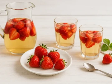 Karaffe mit Wein-Erdbeer-Getränk und Gläsern, gefüllt mit frischen Erdbeeren und Weißwein, auf weißem Holzhintergrund dekoriert.