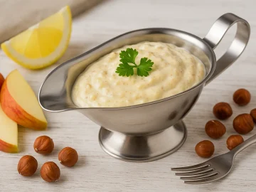 Sauciere aus Edelstahl mit cremiger Mayonnaise aus Apfel und Haselnuss auf Holztisch