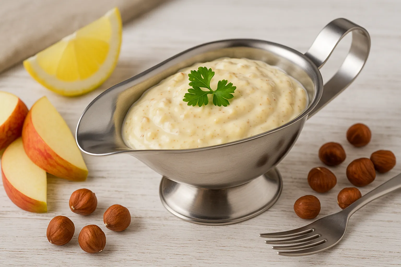 Sauciere aus Edelstahl mit cremiger Mayonnaise aus Apfel und Haselnuss auf Holztisch