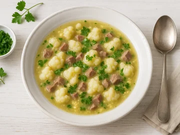 Blumenkohlsuppe in weißem Teller mit Rindfleischstückchen und frischer Petersilie, serviert auf Holztisch