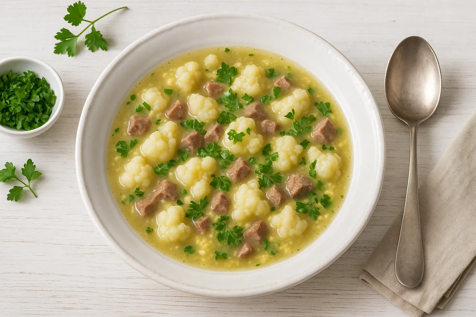 Blumenkohlsuppe in weißem Teller mit Rindfleischstückchen und frischer Petersilie, serviert auf Holztisch