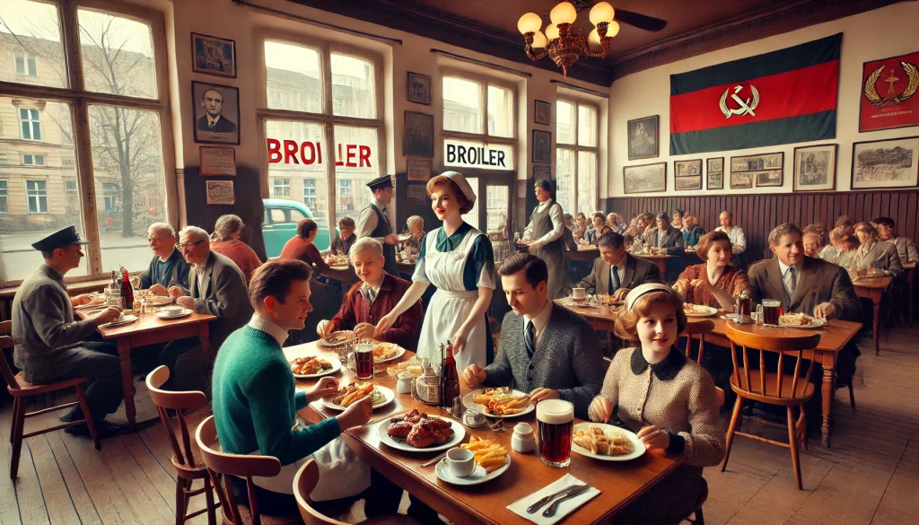 Ein lebhaftes Restaurant der DDR-Ära, in dem Familien und Arbeiter an Holztischen sitzen und typische Gerichte wie Broiler (gegrilltes Hähnchen) genießen. Die Kellnerinnen tragen traditionelle Uniformen, und die Wände sind mit Vintage-Plakaten im sowjetischen Stil dekoriert.