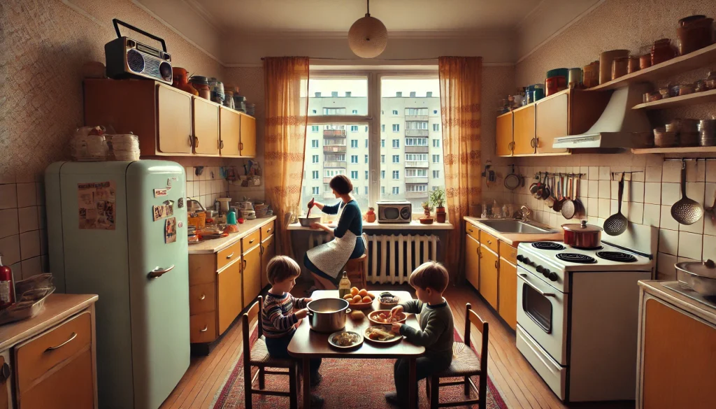 Eine familiäre Szene in einer DDR-Küche der 1970er Jahre, in der eine Mutter Soljanka kocht, während die Kinder Gemüse schneiden. Die Küche ist mit retro Holzmöbeln und typischen DDR-Elektrogeräten ausgestattet.