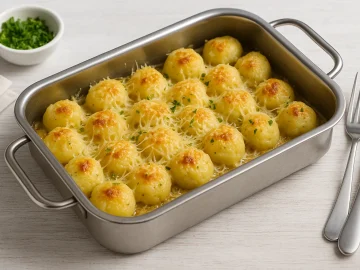 Überbackene Kartoffel-Gnocchi mit Käse und Butter in einer Edelstahlschale auf Holztisch