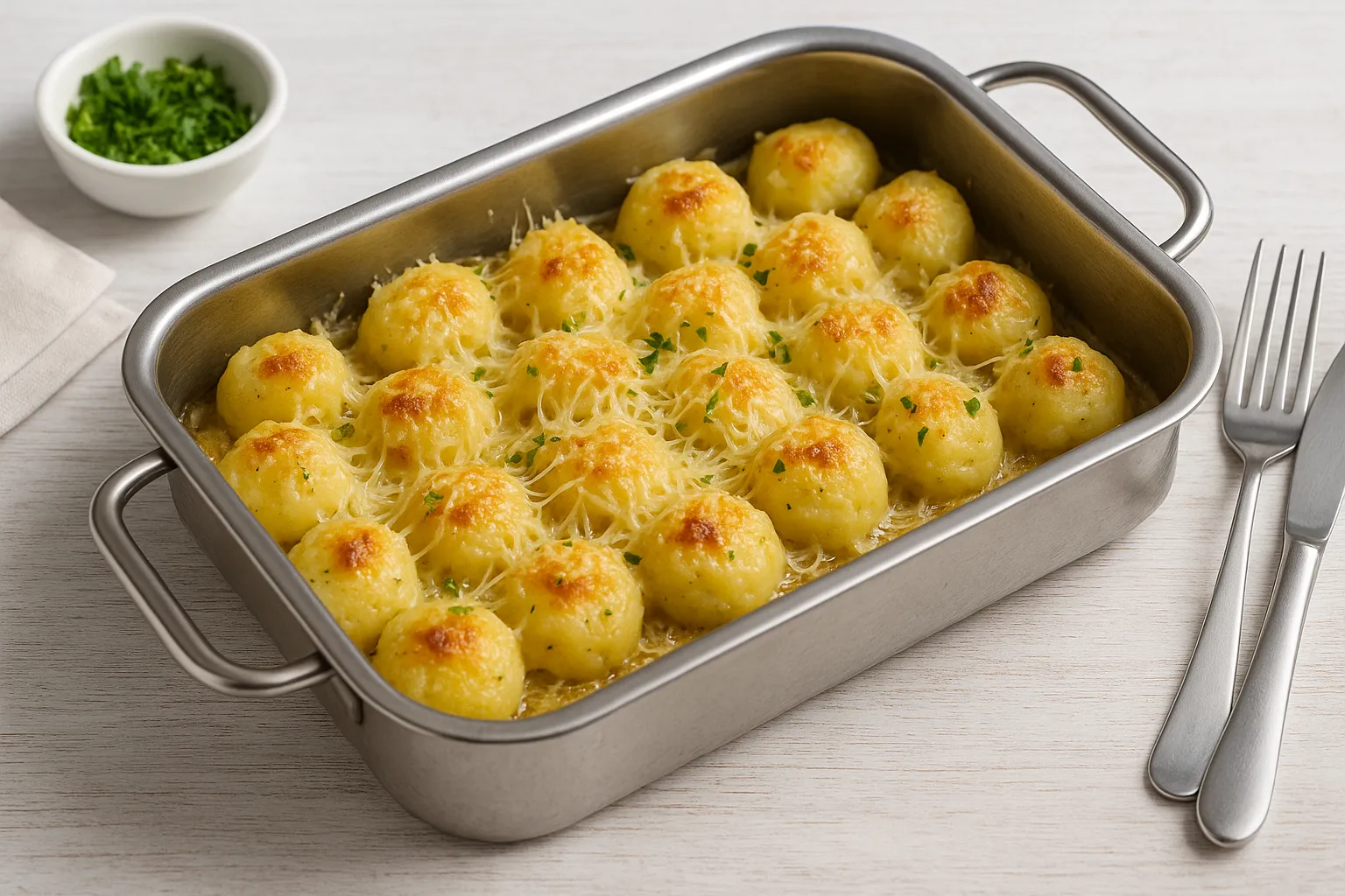 Überbackene Kartoffel-Gnocchi mit Käse und Butter in einer Edelstahlschale auf Holztisch