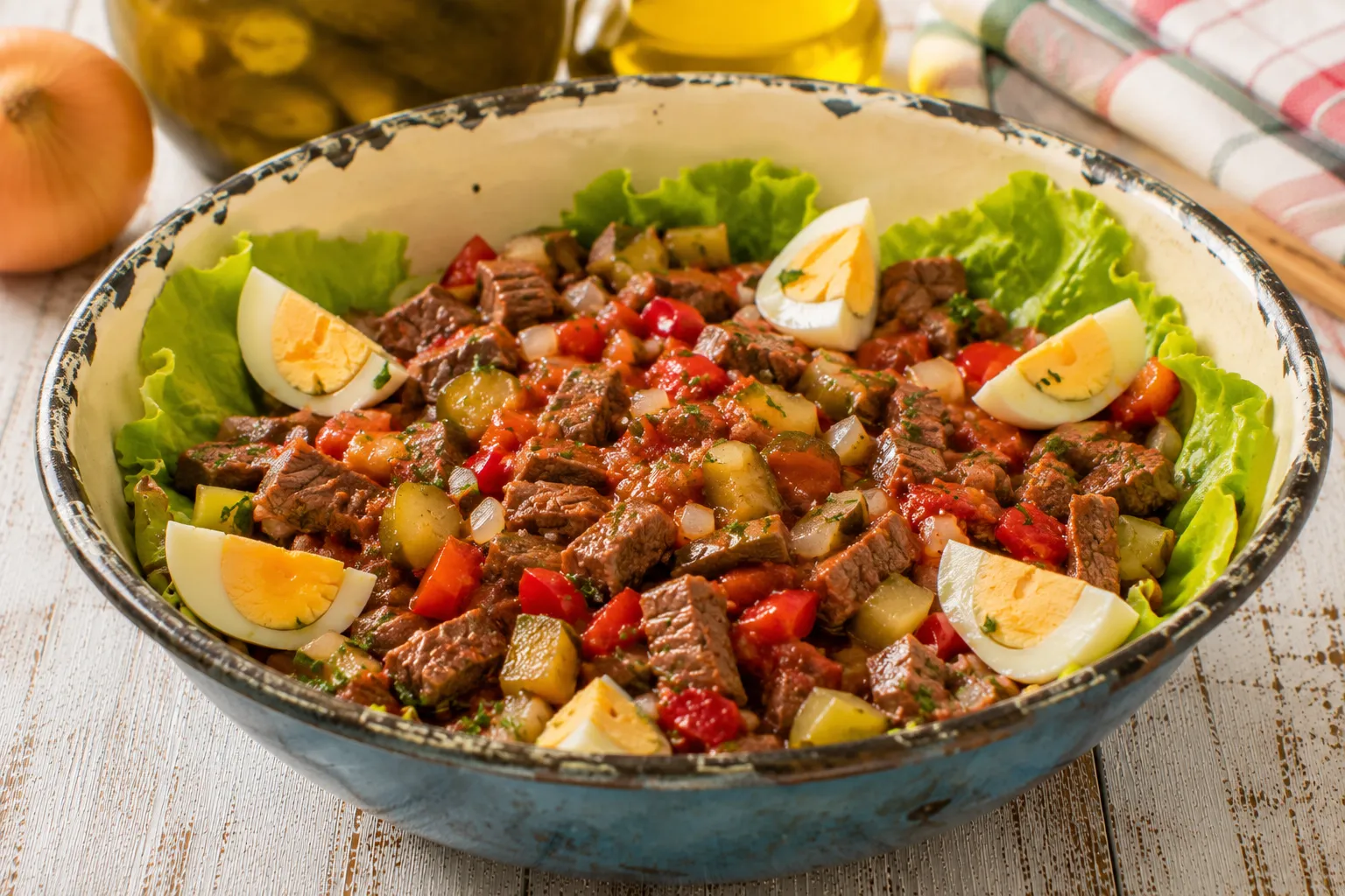 Pikanter Rindfleischsalat mit Letscho, Gewürzgurken und Ei in einer Emaille-Schüssel mit Gebrauchsspuren.