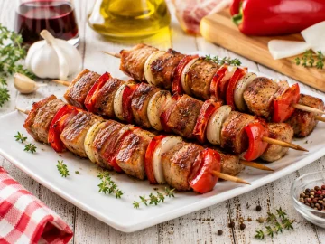 Gegrillte Räuberspieße mit Fleisch, Paprika, Speck und Zwiebeln auf einem modernen weißen Teller.