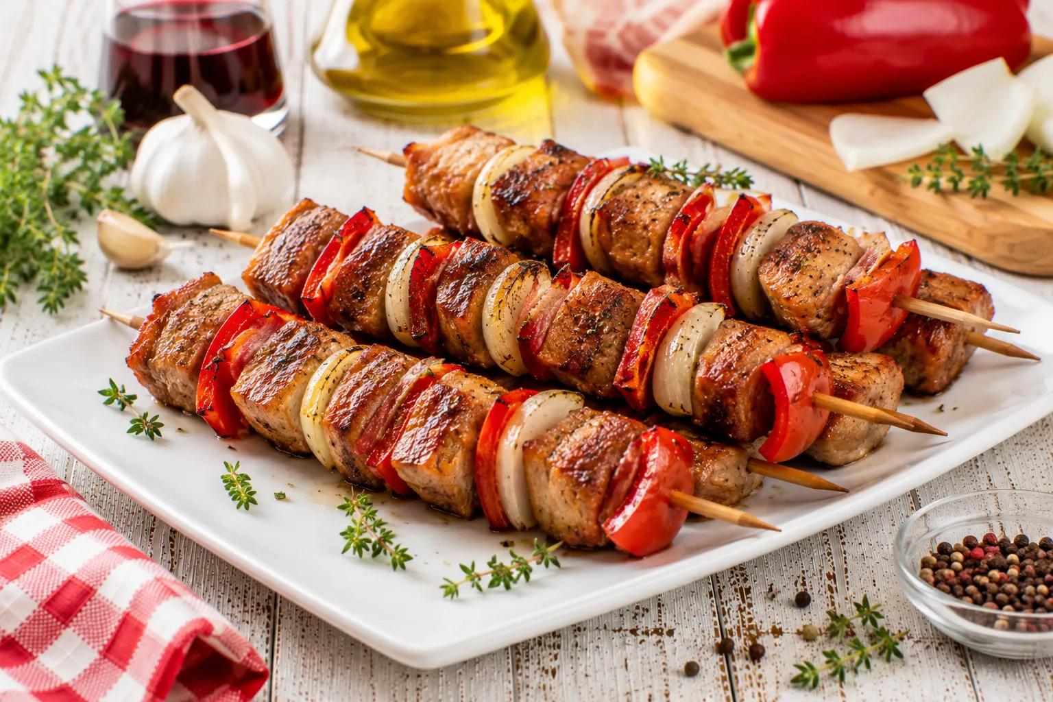 Gegrillte Räuberspieße mit Fleisch, Paprika, Speck und Zwiebeln auf einem modernen weißen Teller.