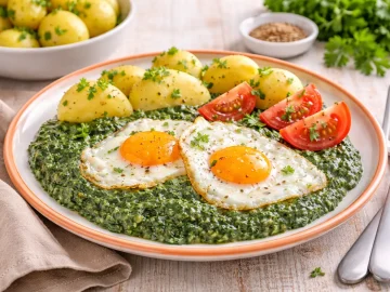 Spinat mit Spiegelei und Tomaten auf farbigem Teller mit Kartoffelbeilage auf hellem Holztisch