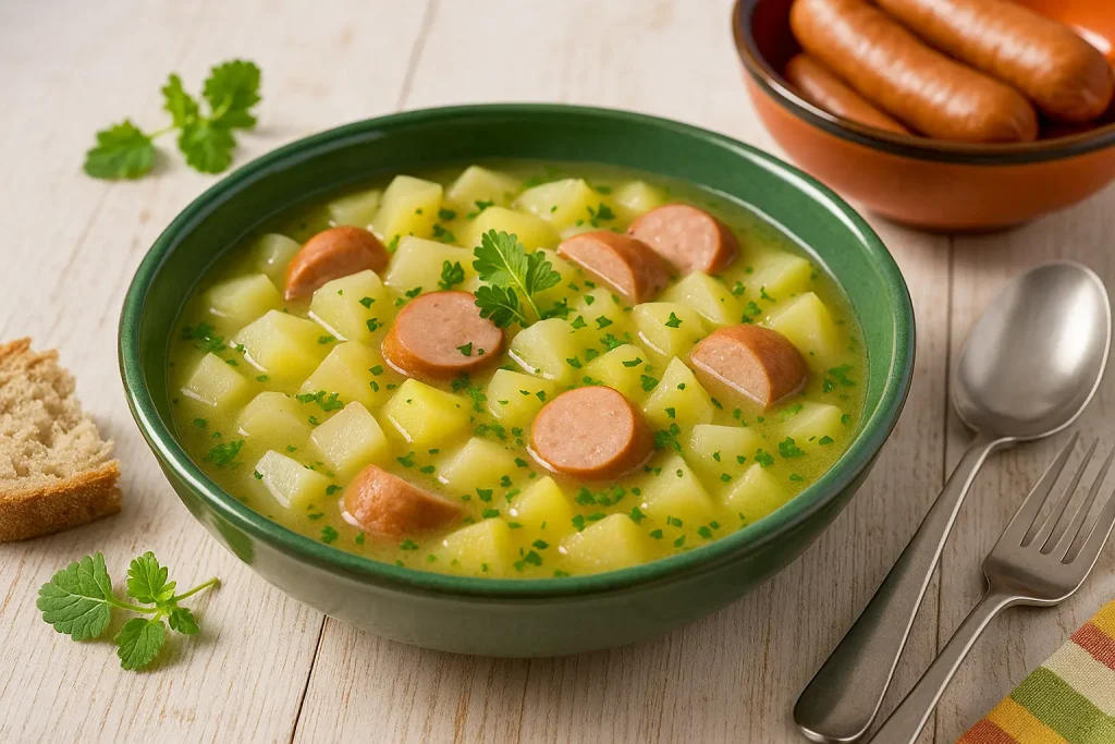  Kohlrabieintopf mit Kartoffeln und Bockwurst in grünem Schälchen, bestreut mit Petersilie, serviert auf hellem Holztisch.