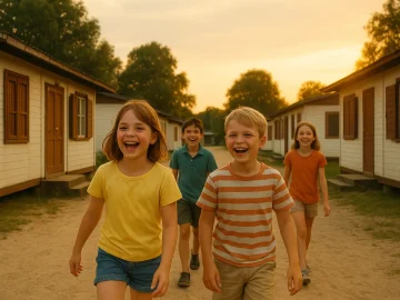 Vier lachende Kinder laufen an einem Sommerabend durch ein DDR-Ferienlager mit typischen Baracken aus den 1980er-Jahren.
