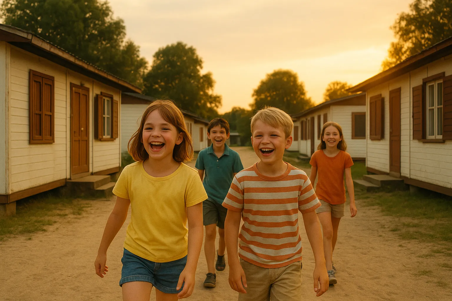  Vier lachende Kinder laufen an einem Sommerabend durch ein DDR-Ferienlager mit typischen Baracken aus den 1980er-Jahren.