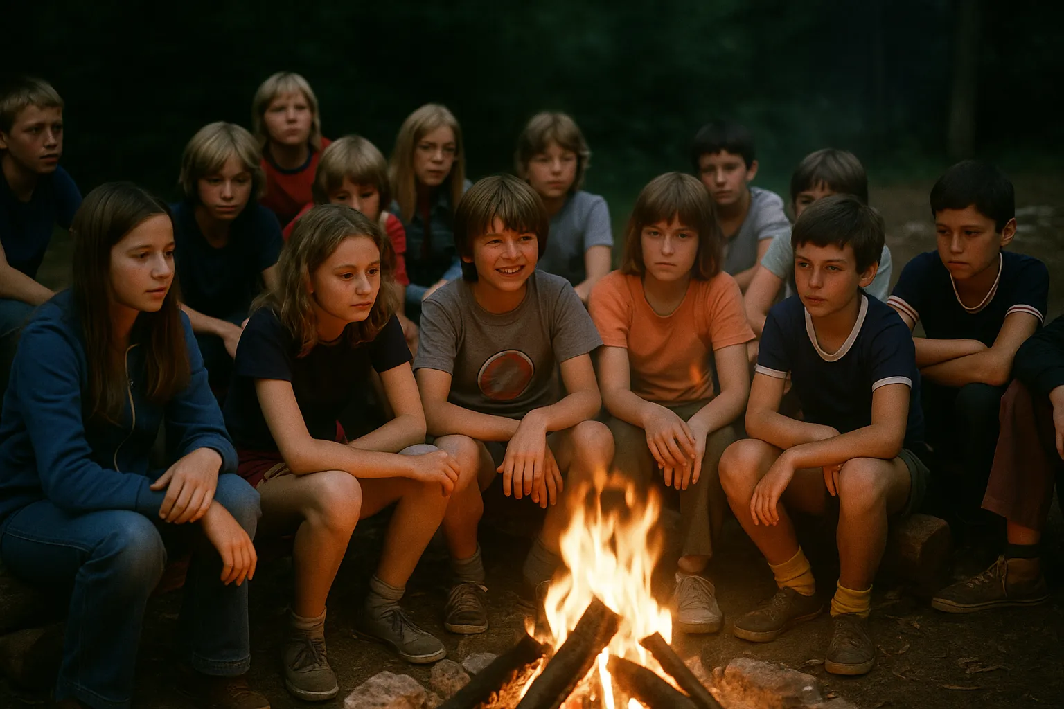 Kinder sitzen im DDR-Ferienlager um ein Lagerfeuer, lachen, erzählen Geschichten und genießen einen Sommerabend in gemeinsamer Runde.