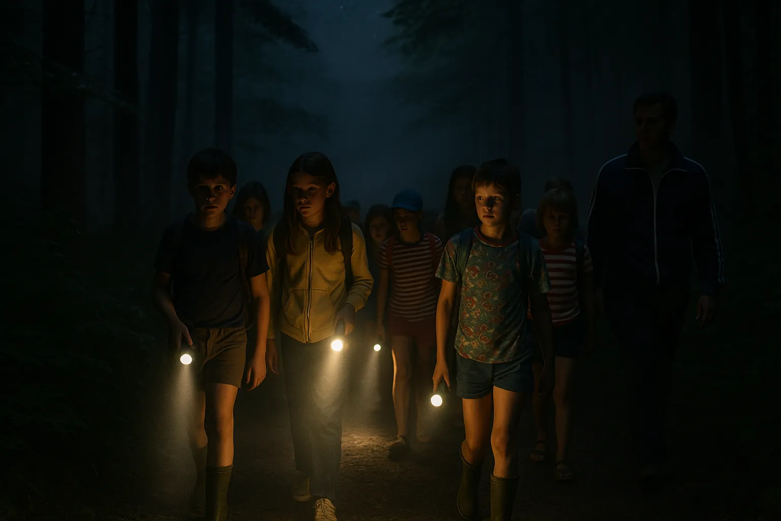  Kindergruppe bei einer Nachtwanderung im DDR-Ferienlager, mit Taschenlampen auf Waldweg, typisch ostdeutsche Kleidung, Betreuer dabei, Sommernacht.