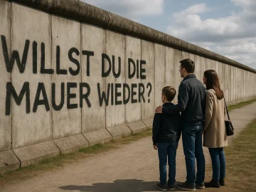 Familie steht vor der Berliner Mauer mit Graffiti-Aufschrift „Willst du die Mauer wieder?“ – Symbol für deutsche Teilung und Wiedervereinigung.