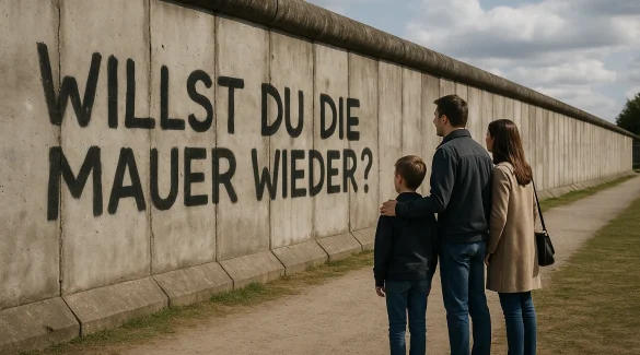 Familie steht vor der Berliner Mauer mit Graffiti-Aufschrift „Willst du die Mauer wieder?“ – Symbol für deutsche Teilung und Wiedervereinigung.
