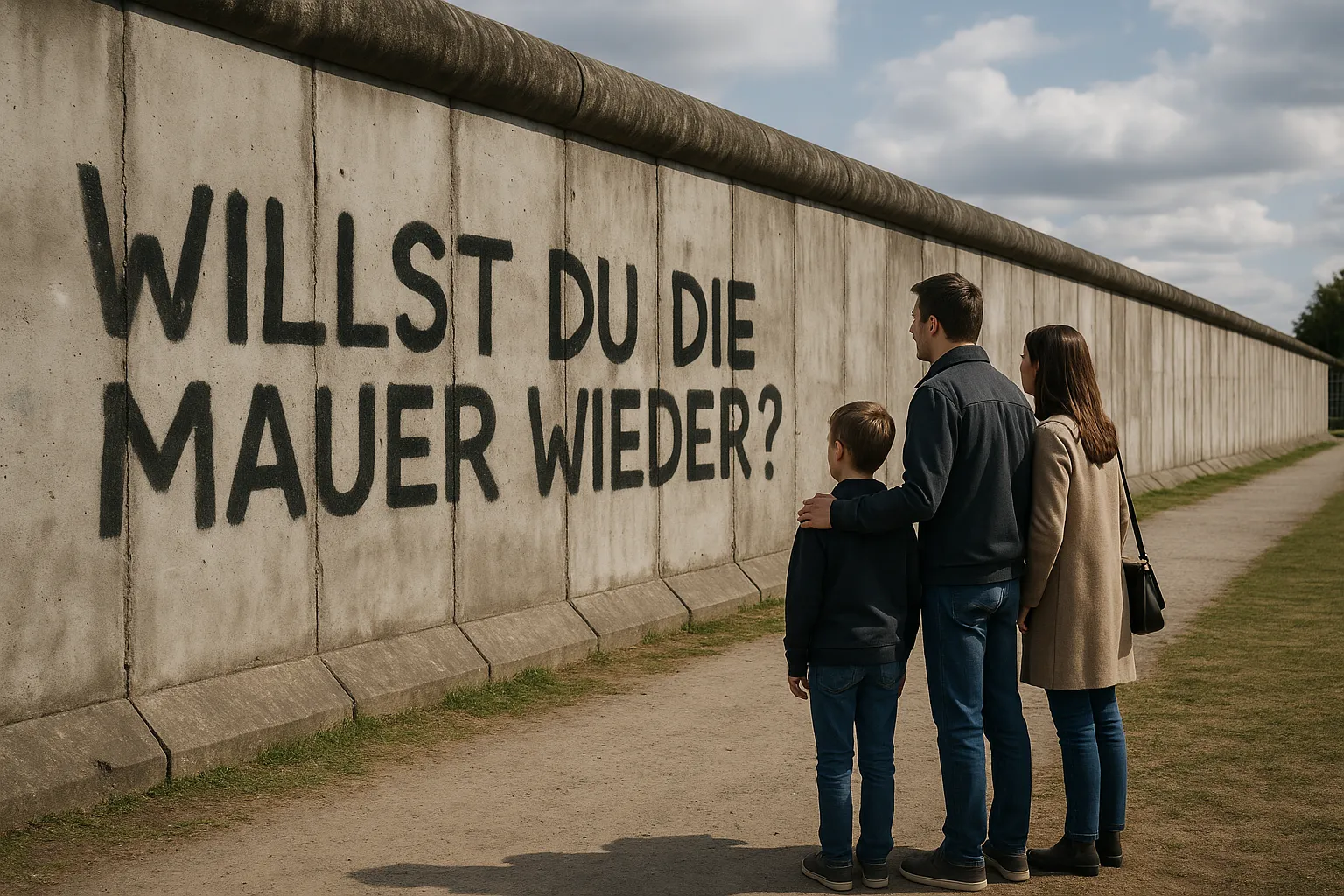 Familie steht vor der Berliner Mauer mit Graffiti-Aufschrift „Willst du die Mauer wieder?“ – Symbol für deutsche Teilung und Wiedervereinigung.