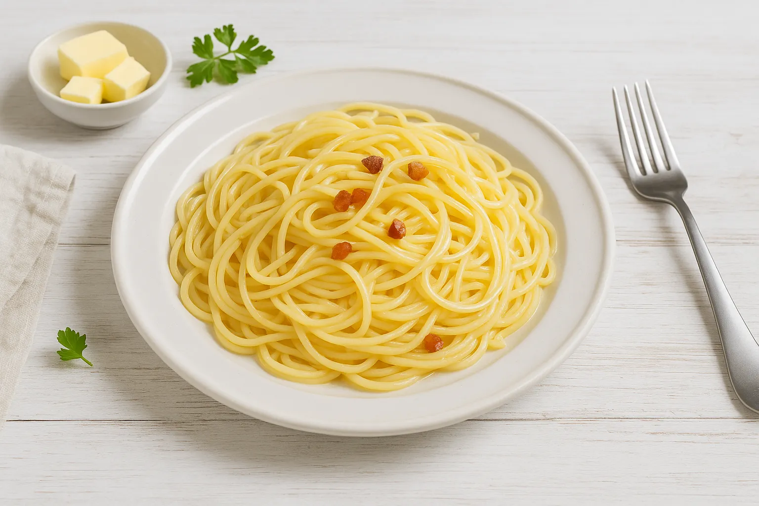 Spaghetti auf weißem Teller mit Butter und Speckwürfeln, serviert auf hellem Holztisch
