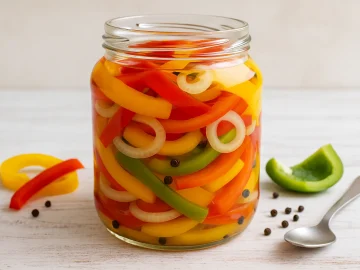 Bunt eingelegte Paprikastreifen mit Zwiebeln in einem Glas, serviert auf hellem Holz mit moderner Deko.