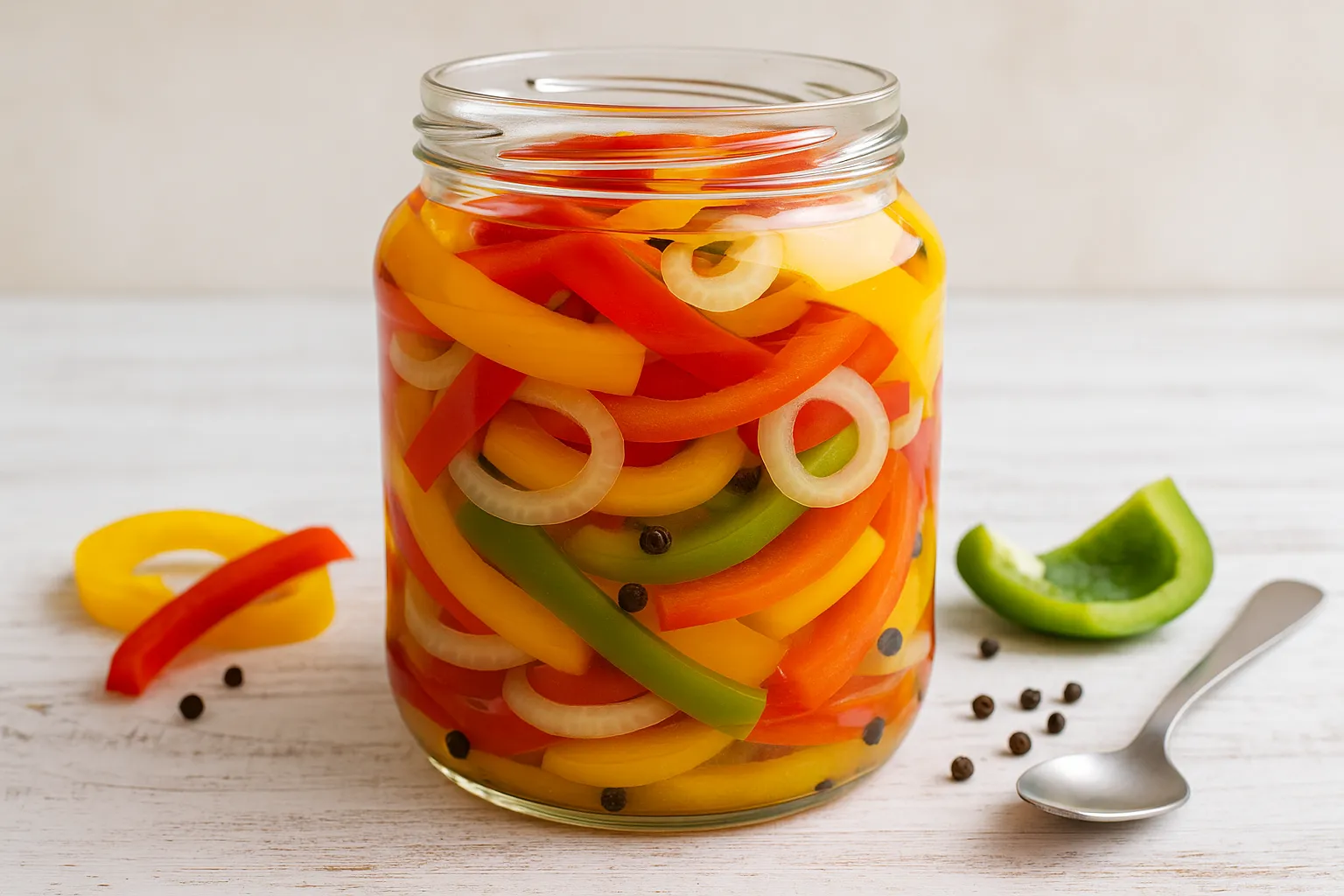 Bunt eingelegte Paprikastreifen mit Zwiebeln in einem Glas, serviert auf hellem Holz mit moderner Deko.