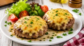 Hackfleischsteaks mit geschmolzenem Käse auf weißem Teller angerichtet