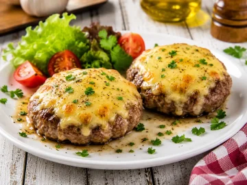 Hackfleischsteaks mit geschmolzenem Käse auf weißem Teller angerichtet