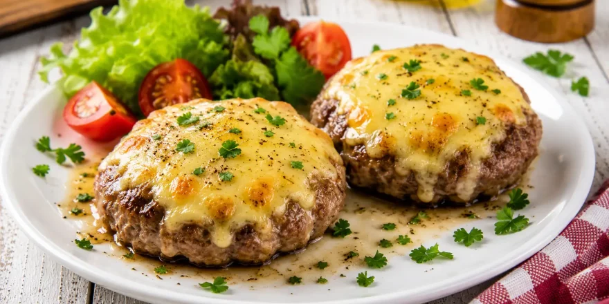 Hackfleischsteaks mit geschmolzenem Käse auf weißem Teller angerichtet