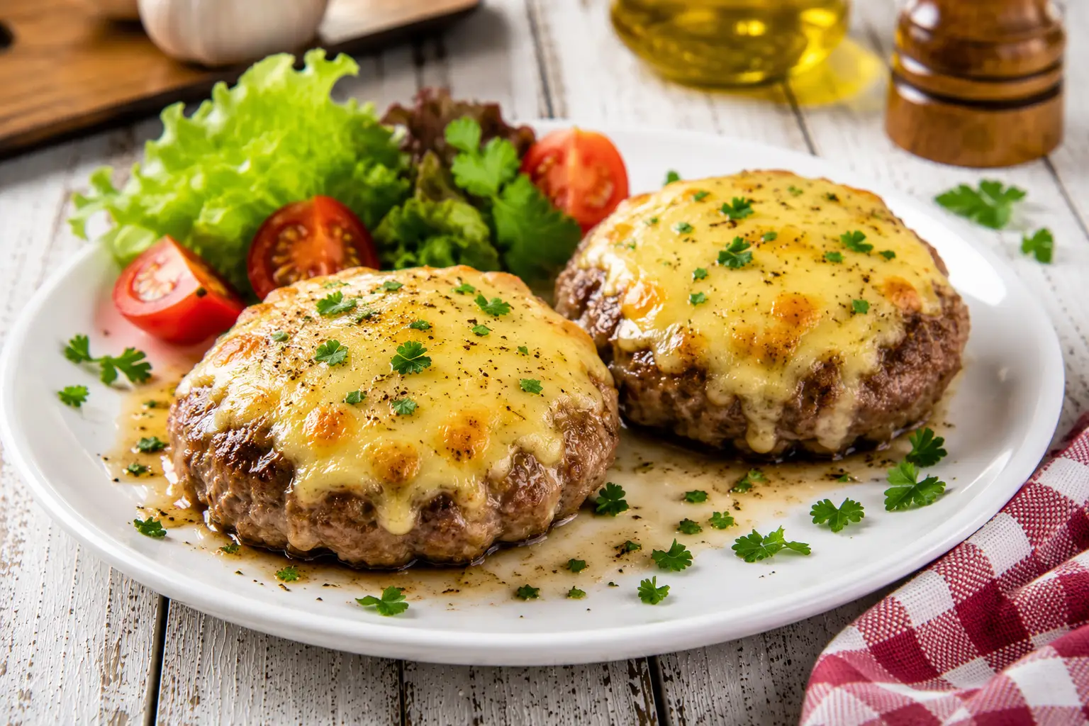 Hackfleischsteaks mit geschmolzenem Käse auf weißem Teller angerichtet