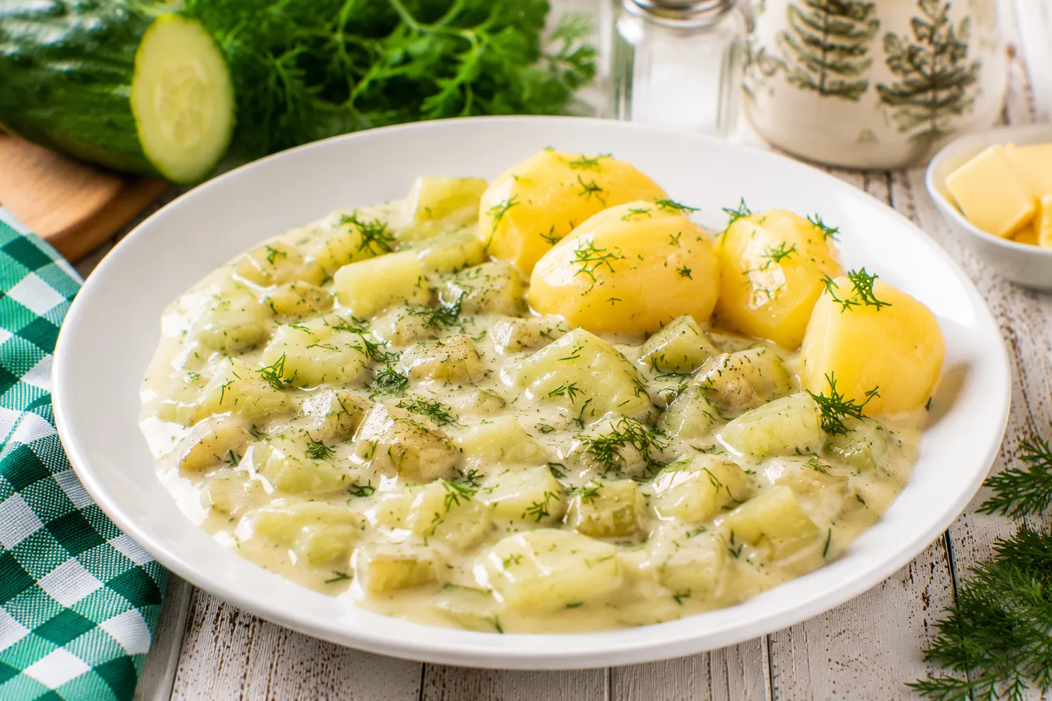 Gedünstete Gurken in cremiger Buttersoße mit Dill auf weißem Teller