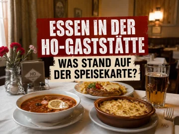 Essen in einer HO-Gaststätte der DDR mit Soljanka, Würzfleisch und Steak au four