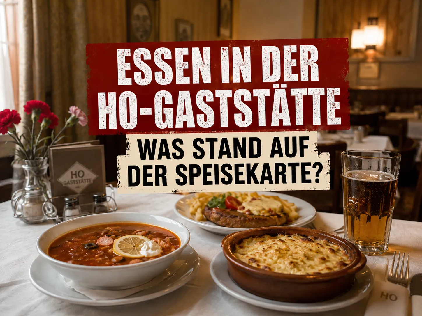 Essen in einer HO-Gaststätte der DDR mit Soljanka, Würzfleisch und Steak au four