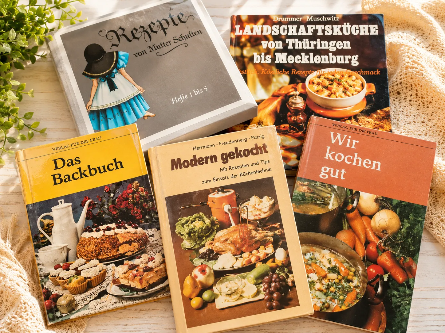 Sammlung historischer DDR-Kochbücher mit „Wir kochen gut“, „Das Backbuch“, „Modern gekocht“ und weiteren alten Rezeptbüchern