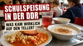 Schulspeisung in der DDR mit Nudeln, Tomatensoße und Jägerschnitzel in einem Speiseraum