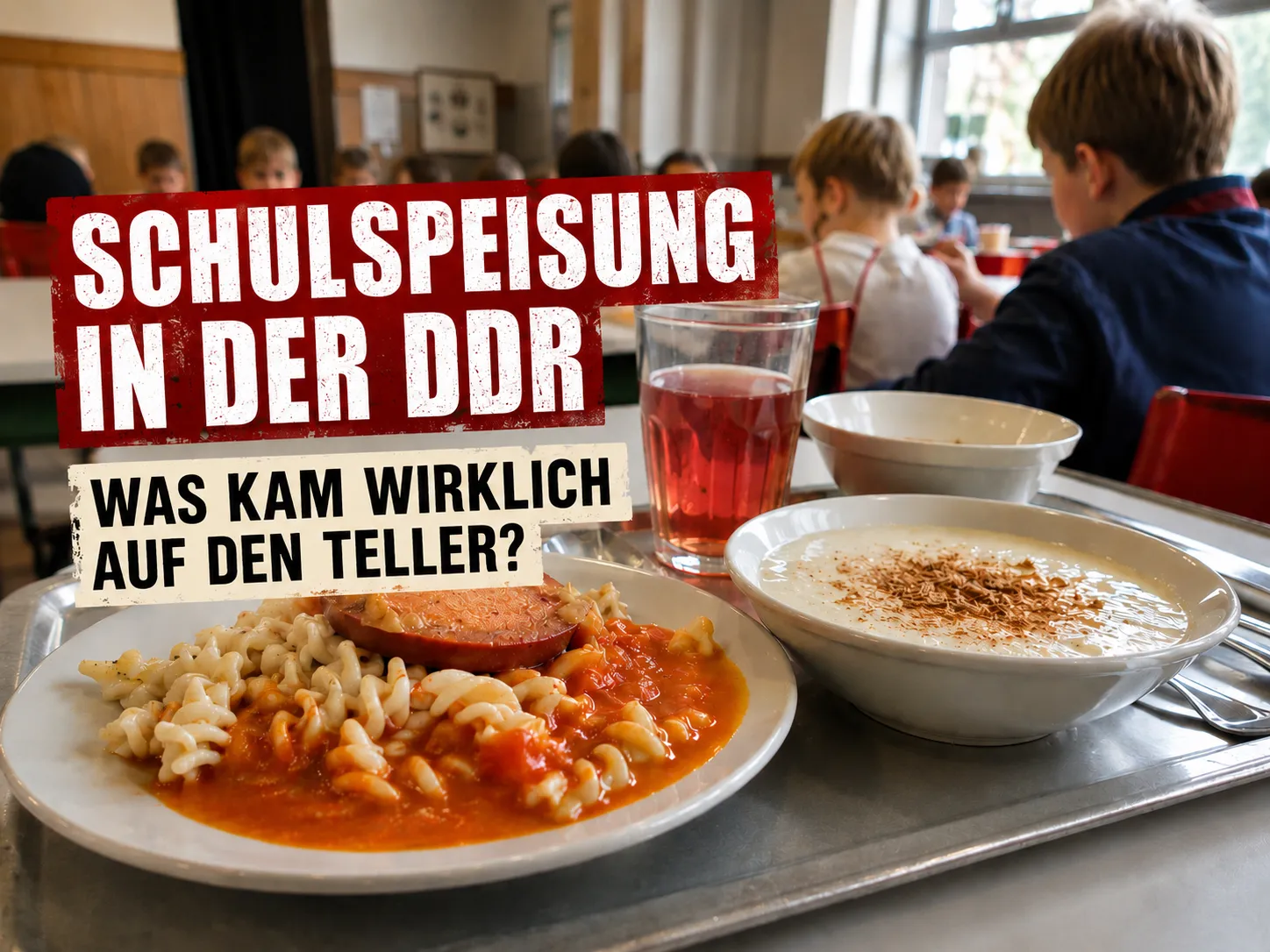 Schulspeisung in der DDR mit Nudeln, Tomatensoße und Jägerschnitzel in einem Speiseraum