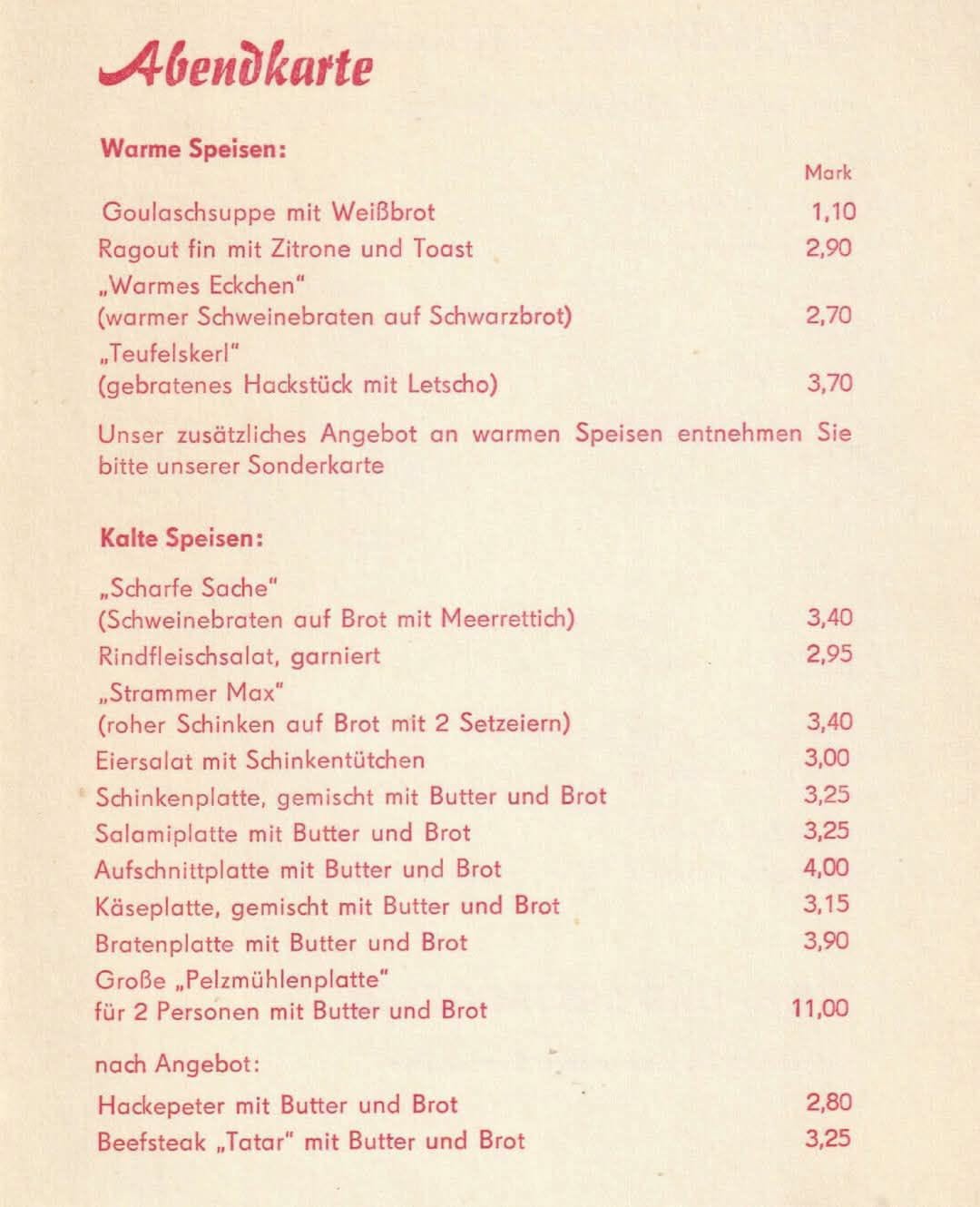 DDR-Speisekarte (Abendkarte), Wismut-Handel, Gaststätte Pelzmühle Karl-Marx-Stadt, 1981