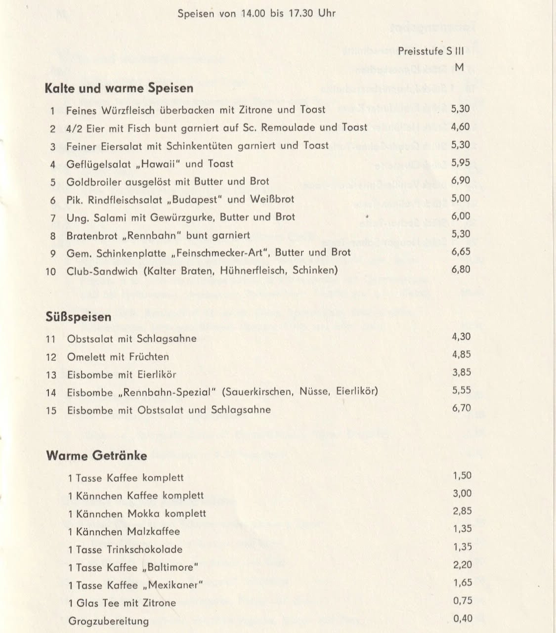Speisekarte, Rennbahn-Gaststätte, 701 Leipzig, Rennbahnweg 2a, Preisstufe S III (1980)