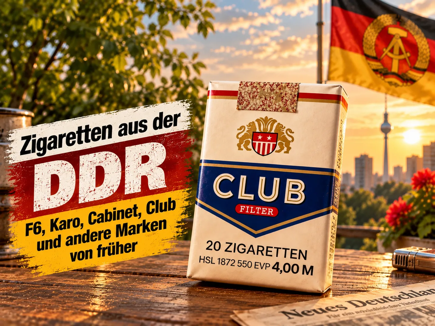 Club Filter Zigarettenschachtel aus der DDR mit historischen DDR-Zigarettenmarken wie f6, Karo und Cabinet