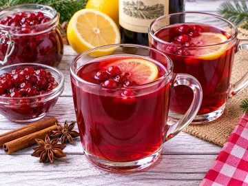 Fruchtiger Preiselbeerpunsch mit Rotwein, Preiselbeeren und Zitrone.